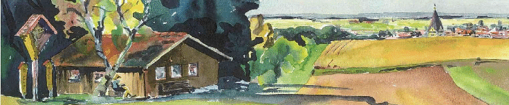 Aquarell der Vereinshütte mit Blick über die Felder des Gäubodens